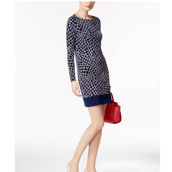 Michael Kors Nyla Croc Print Navy Blue White Animal Print Shift Mini Dress sz PM - Picture 1 of 11